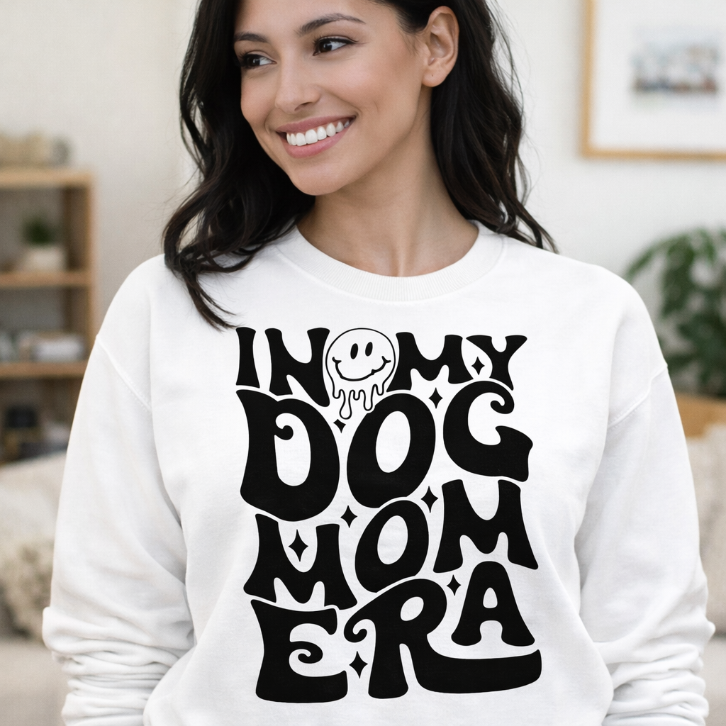 Woman wearing sweatshirt with In My Dog Mom Era SVG quote design, trendy dog mom Cricut SVG mockup