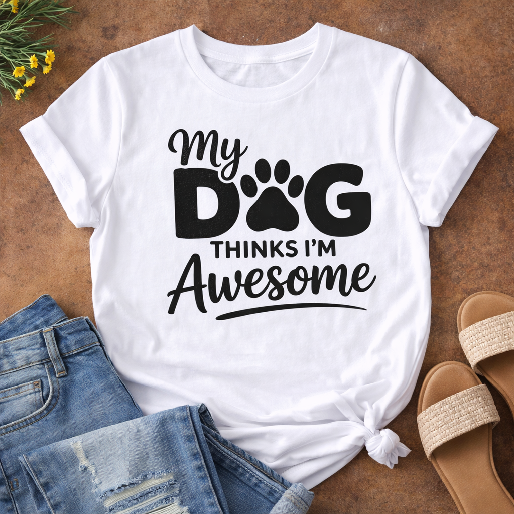 Funny dog mom quote “My Dog Thinks I’m Awesome” SVG design on white T-shirt mockup with jeans and sandals, Cricut dog lover shirt idea