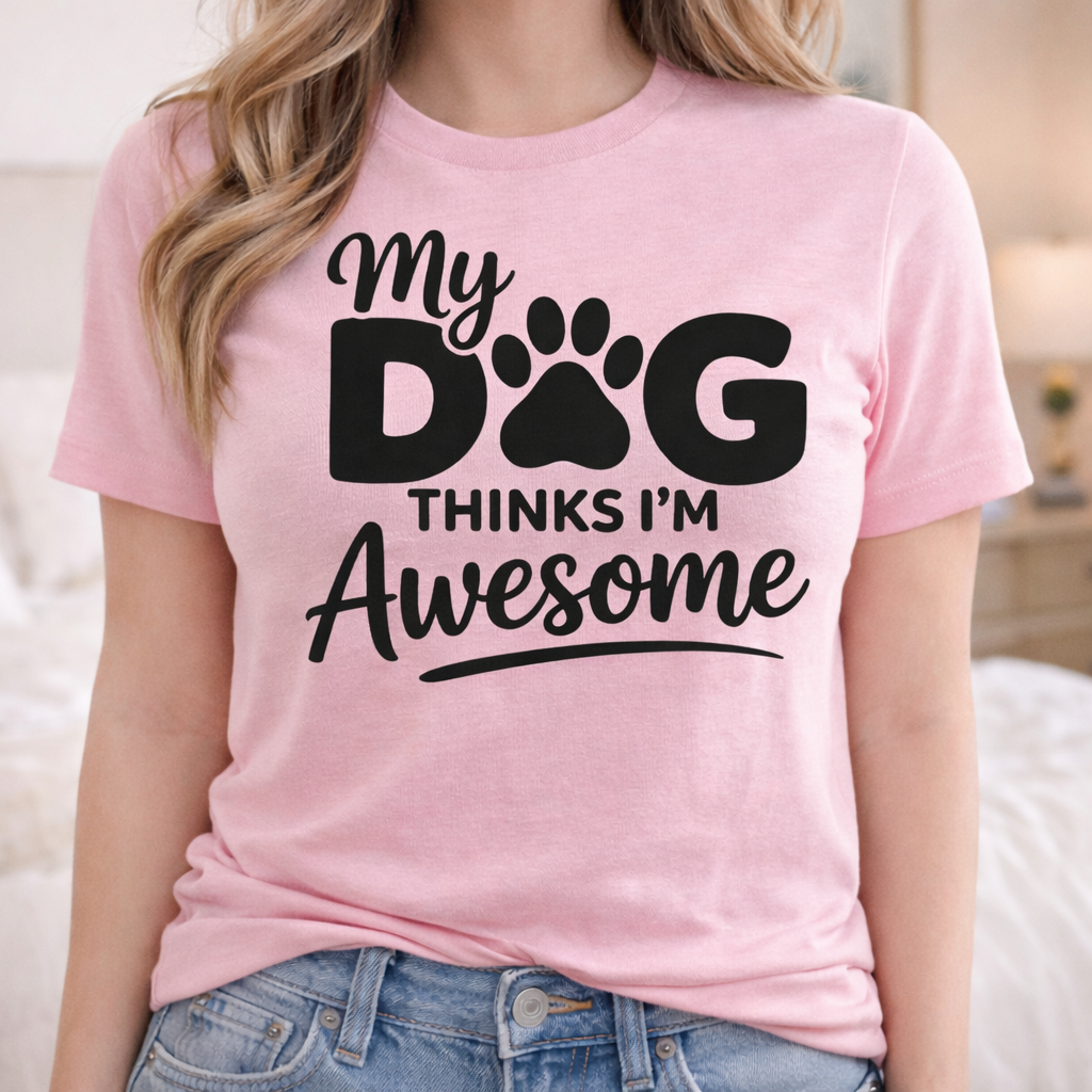 Pink T-shirt mockup with funny dog quote “My Dog Thinks I’m Awesome” SVG design worn by woman, dog mom Cricut shirt idea