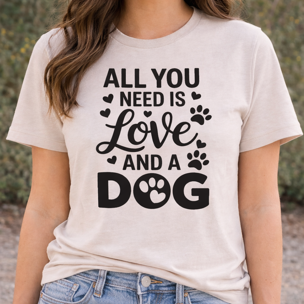 Beige T-shirt mockup with “All You Need Is Love and a Dog” SVG quote design worn by woman, dog lover Cricut shirt idea