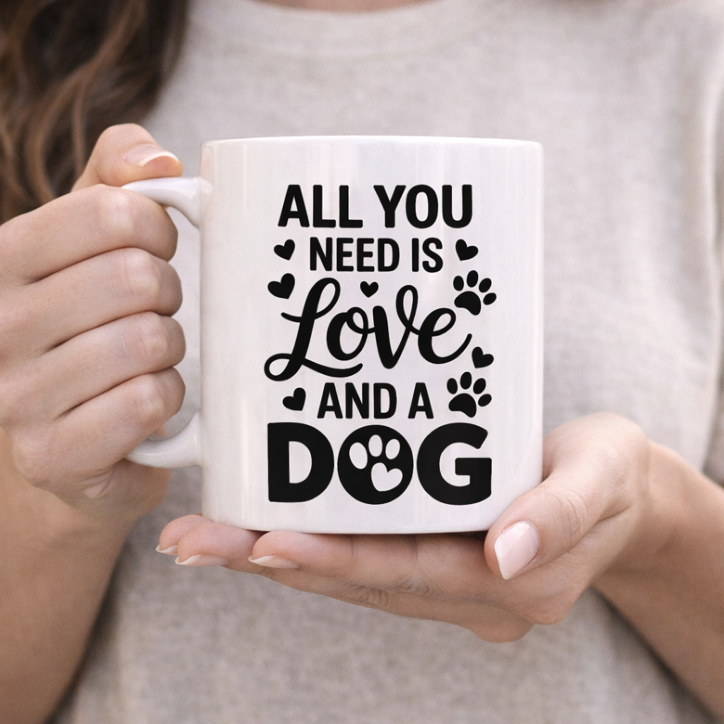 “All You Need Is Love and a Dog” SVG Quotes design on white mug, dog lover Cricut and Silhouette craft idea