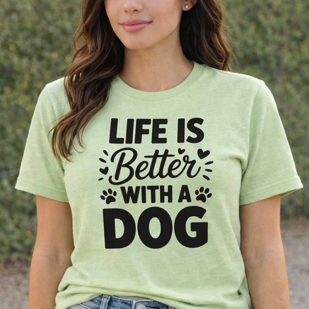 “Life Is Better With a Dog” SVG Quotes design on green T-shirt worn by woman, dog lover Cricut shirt idea