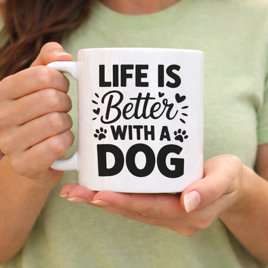 White mug with “Life Is Better With a Dog” SVG Quotes design held in hands, dog lover Cricut and Silhouette mug idea