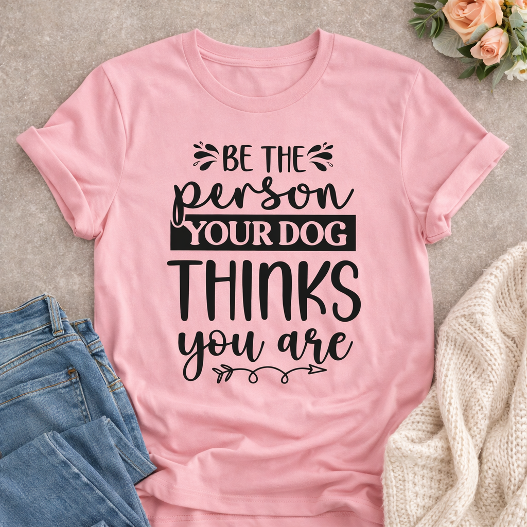 “Be the Person Your Dog Thinks You Are” SVG Quotes design on pink T-shirt mockup with jeans and sweater, dog lover Cricut shirt idea