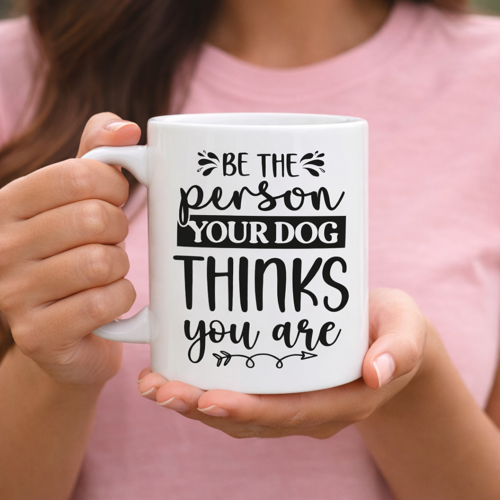 White mug with “Be the Person Your Dog Thinks You Are” SVG Quotes design held in hands, dog lover Cricut and Silhouette mug idea