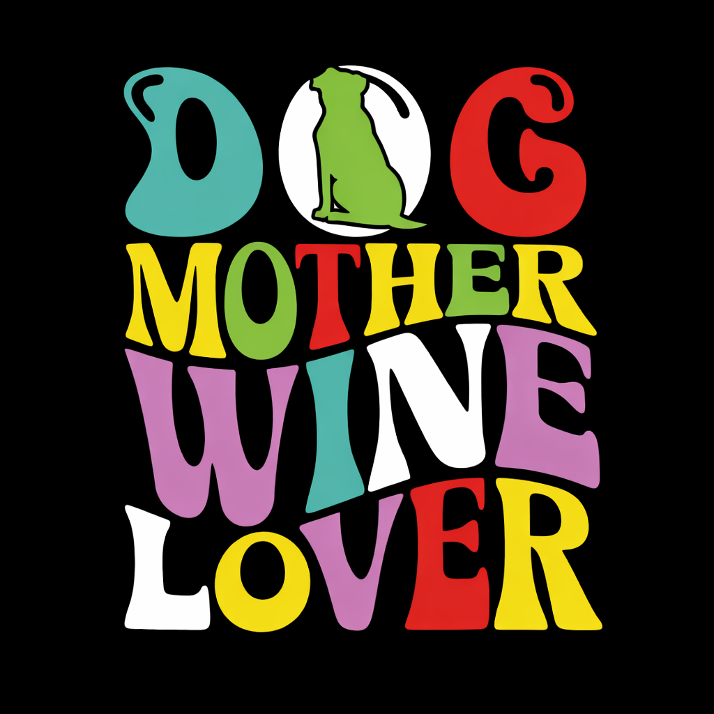 Colorful “Dog Mother Wine Lover” typography design with playful multicolor letters and a dog silhouette inside the letter O on a black background