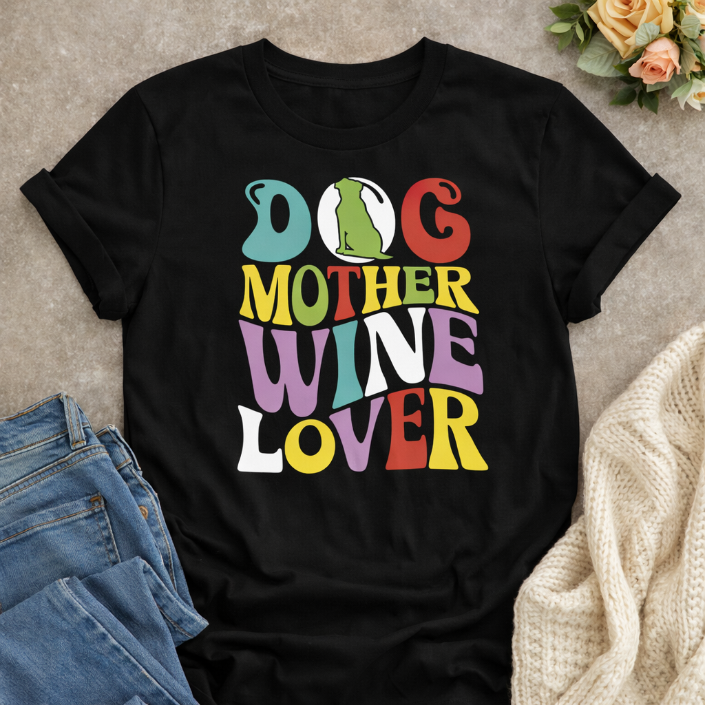 Black T-shirt mockup displaying vibrant “Dog Mother Wine Lover” graphic lettering, styled with denim jeans and a cozy knit sweater for a casual dog lover outfit
