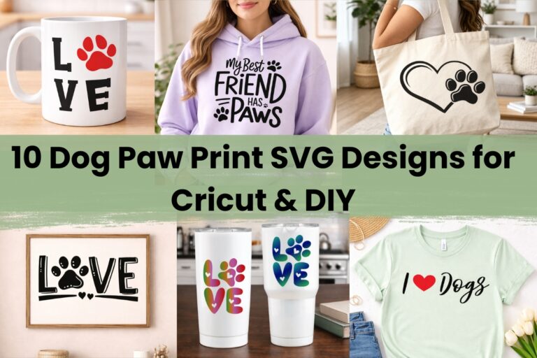 Collage of dog paw print SVG designs on mugs, hoodies, tote bags, framed art, tumblers, and T-shirts with text “10 Dog Paw Print SVG Designs for Cricut & DIY”