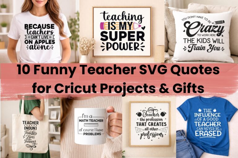 Collage of teacher-themed products featuring Funny Teacher SVG Quotes, including T-shirts, mugs, tote bags, wall art, and pillow designs, with headline “10 Funny Teacher SVG Quotes for Cricut Projects & Gifts”