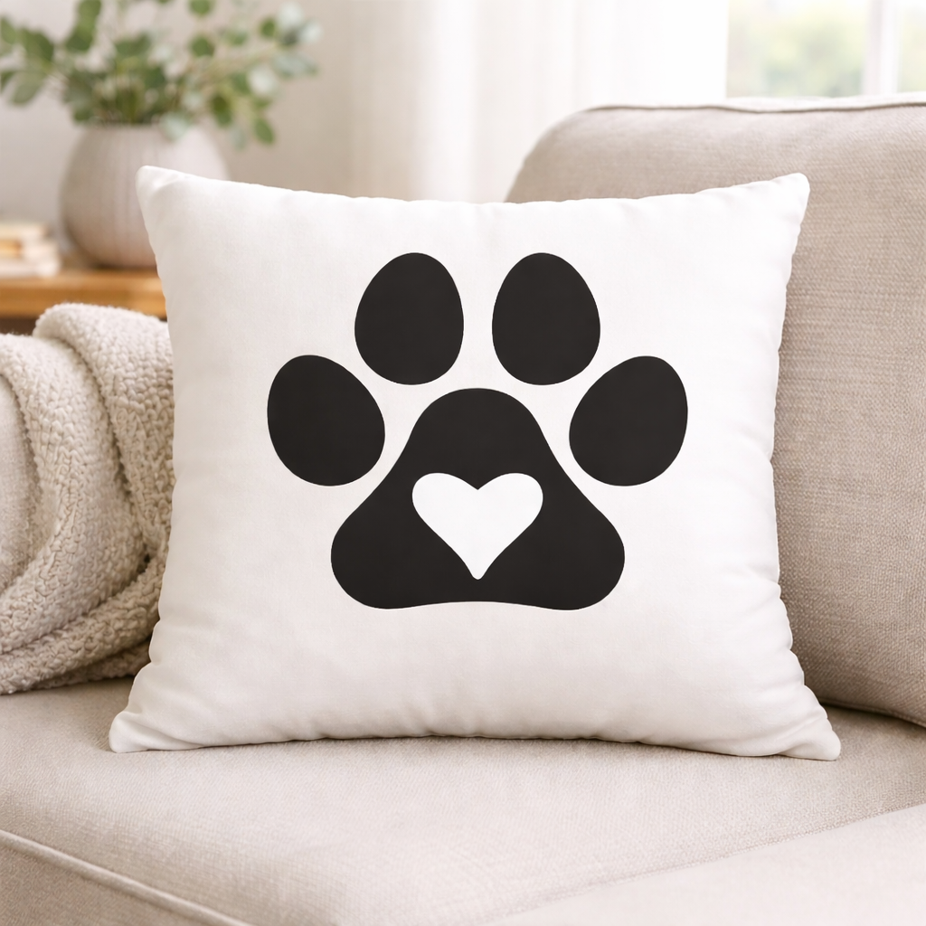 Dog paw print heart SVG design on white pillow with black paw and heart shape, ideal for cozy pet lover home decor