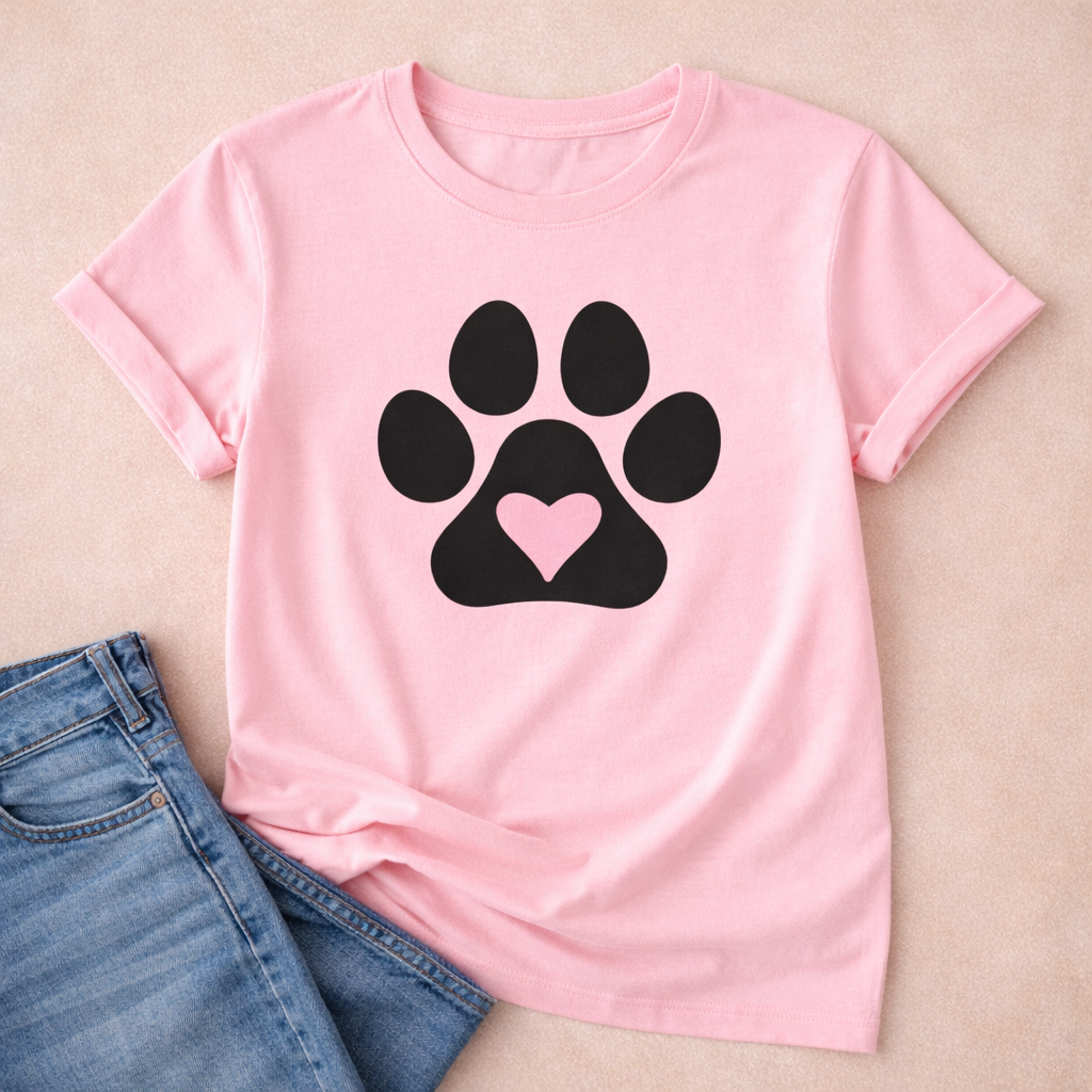 Dog paw print heart SVG design on pink t-shirt with black paw and heart detail, perfect for Cricut DIY apparel projects