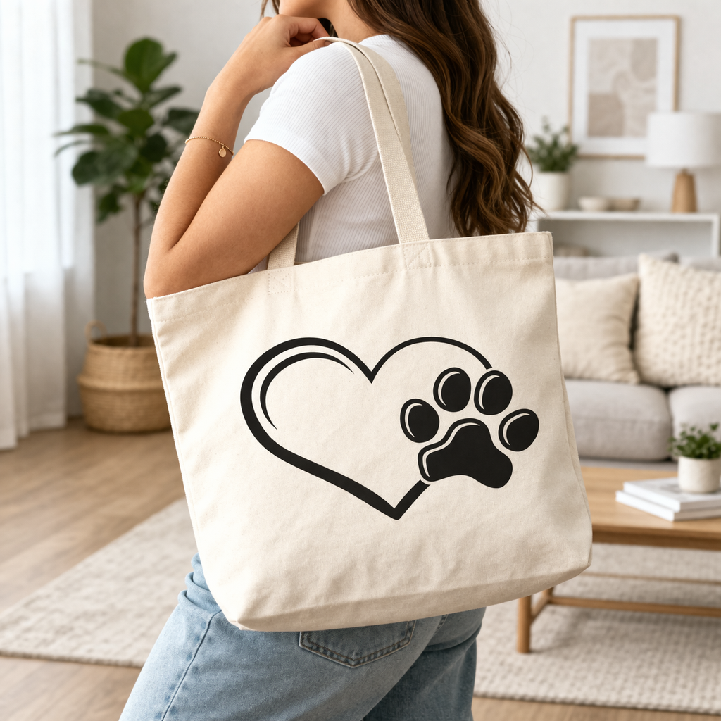 Dog paw print heart SVG design on a beige tote bag, showing a heart outline with paw print, perfect for DIY Cricut projects and dog lover accessories