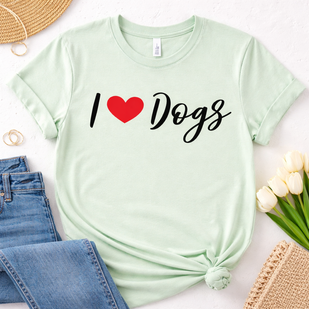 I love dogs SVG design on a light green t-shirt with red heart symbol, perfect for Cricut DIY apparel and dog lover outfits