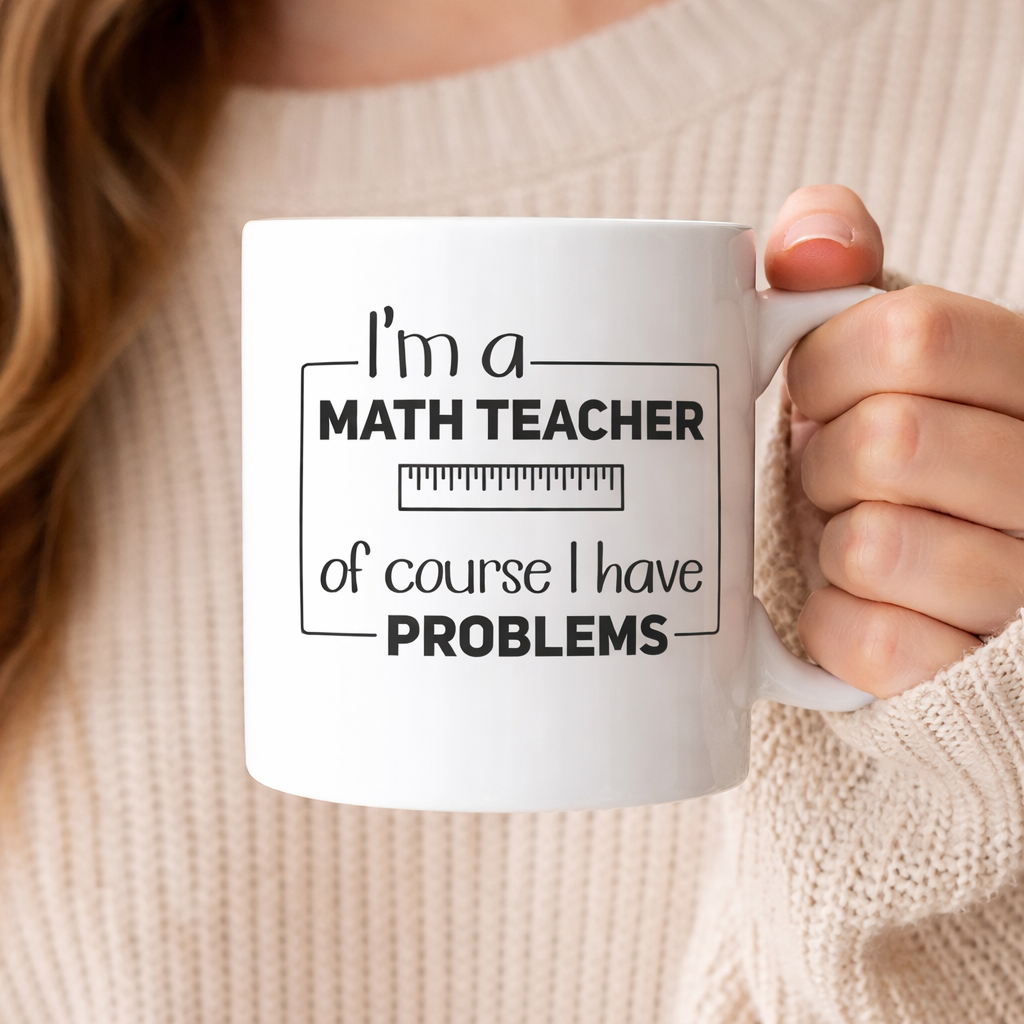 White mug with “I’m a math teacher of course I have problems” SVG design in black, held in hand in cozy indoor setting – Funny Teacher SVG Quotes