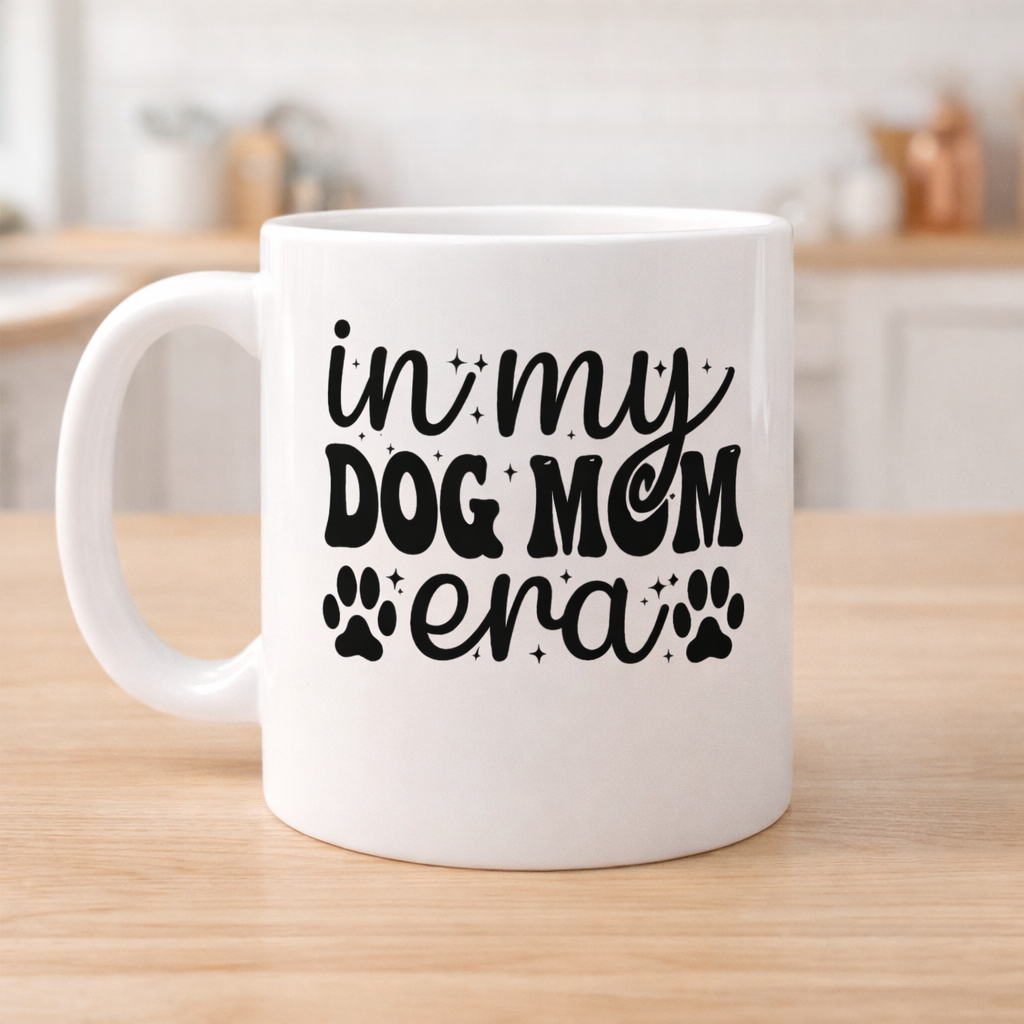 White mug mockup with In My Dog Mom Era SVG design, dog mom quote with paw prints, perfect for Cricut, sublimation and DIY gifts