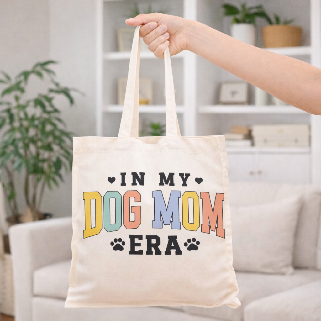 Beige tote bag with colorful In My Dog Mom Era SVG design and paw print details, held in bright cozy living room