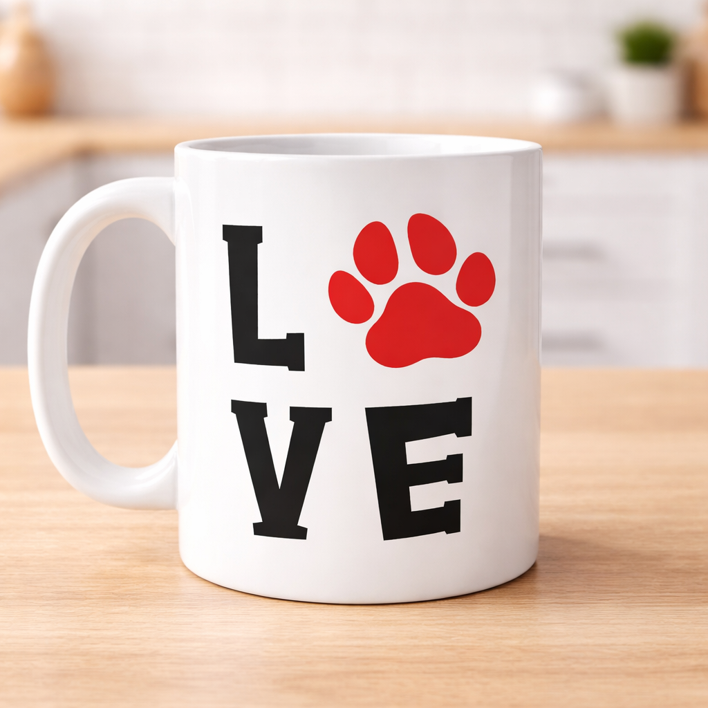 Love dog paw print SVG design on a white mug with red paw graphic, ideal for Cricut DIY projects and dog lover gifts
