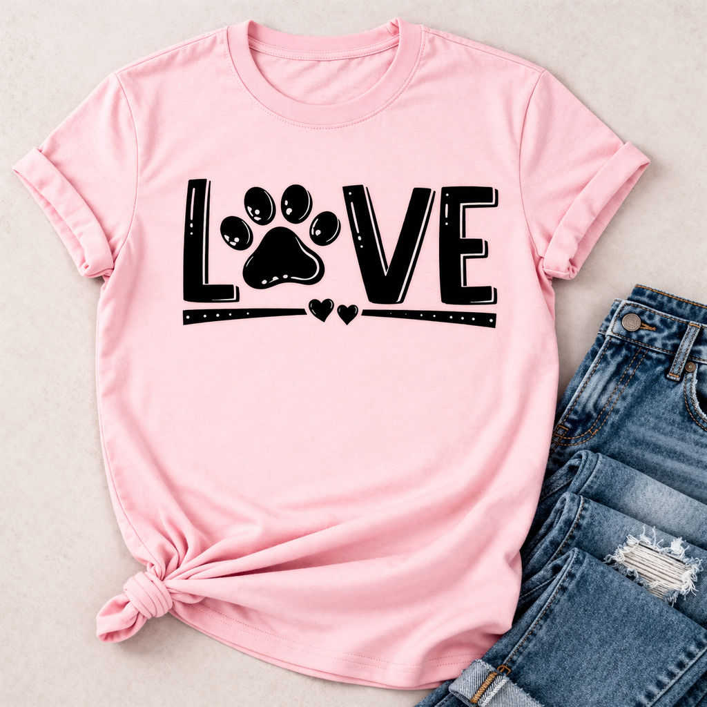 Love dog paw print SVG design on pink t-shirt with paw replacing letter O and small hearts, styled with denim jeans for Cricut DIY apparel