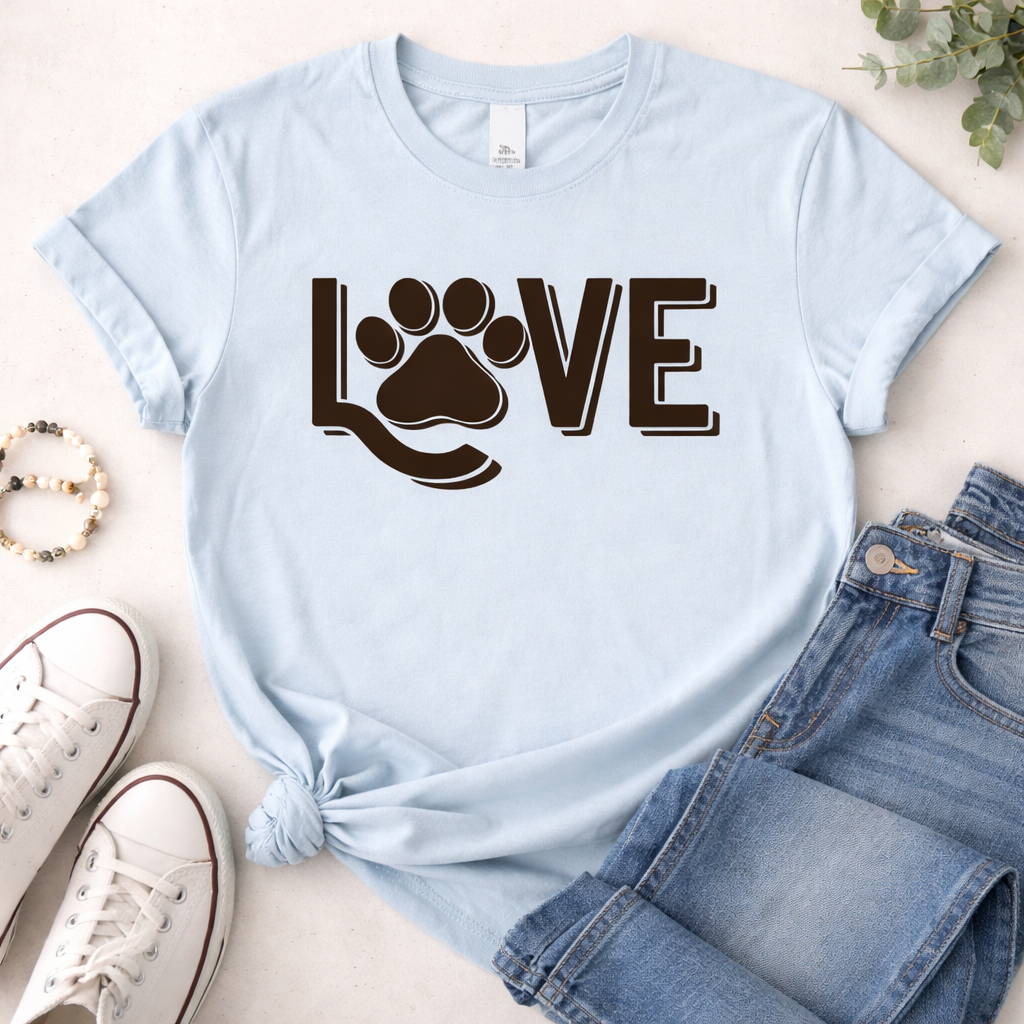 Love dog paw print SVG design on light blue t-shirt in flat lay with jeans and sneakers, perfect for Cricut DIY apparel