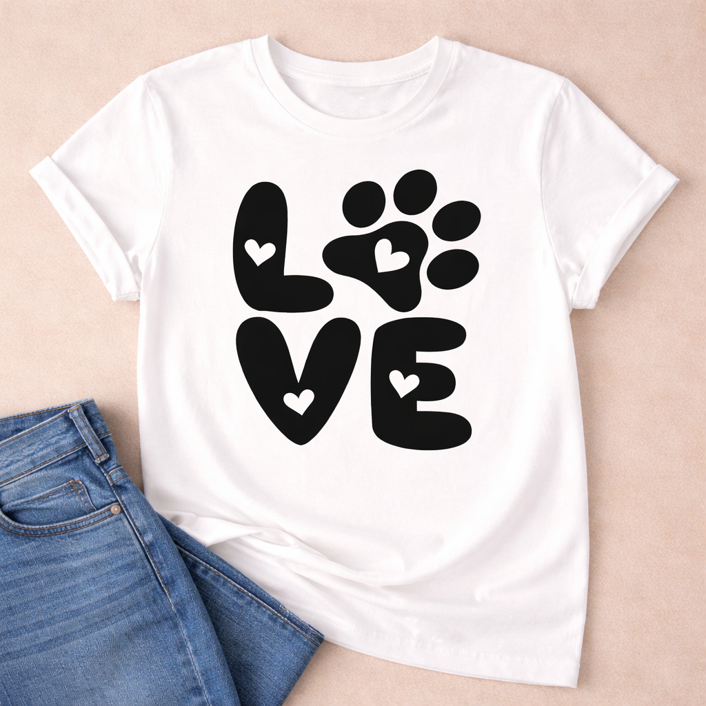 Love dog paw print SVG design on white t-shirt with paw replacing letter O and small heart accents, ideal for Cricut DIY apparel