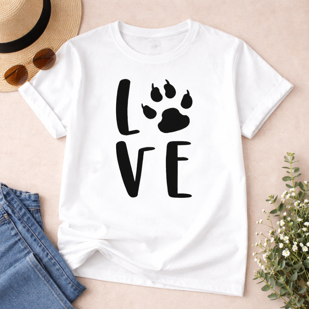 Love dog paw print SVG design on white t-shirt with black paw replacing the letter O, ideal for Cricut DIY apparel projects