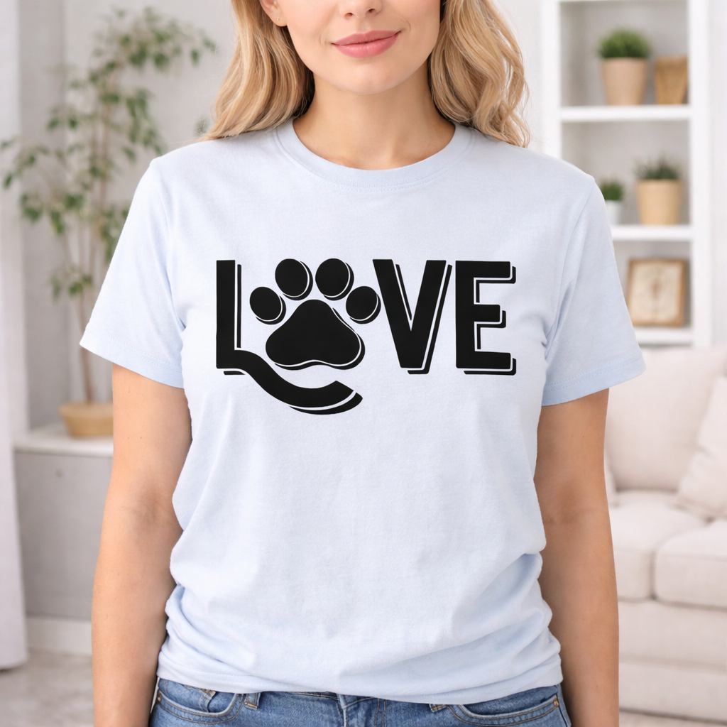 Love dog paw print SVG design on light blue t-shirt worn by model, featuring paw replacing letter O, ideal for Cricut projects