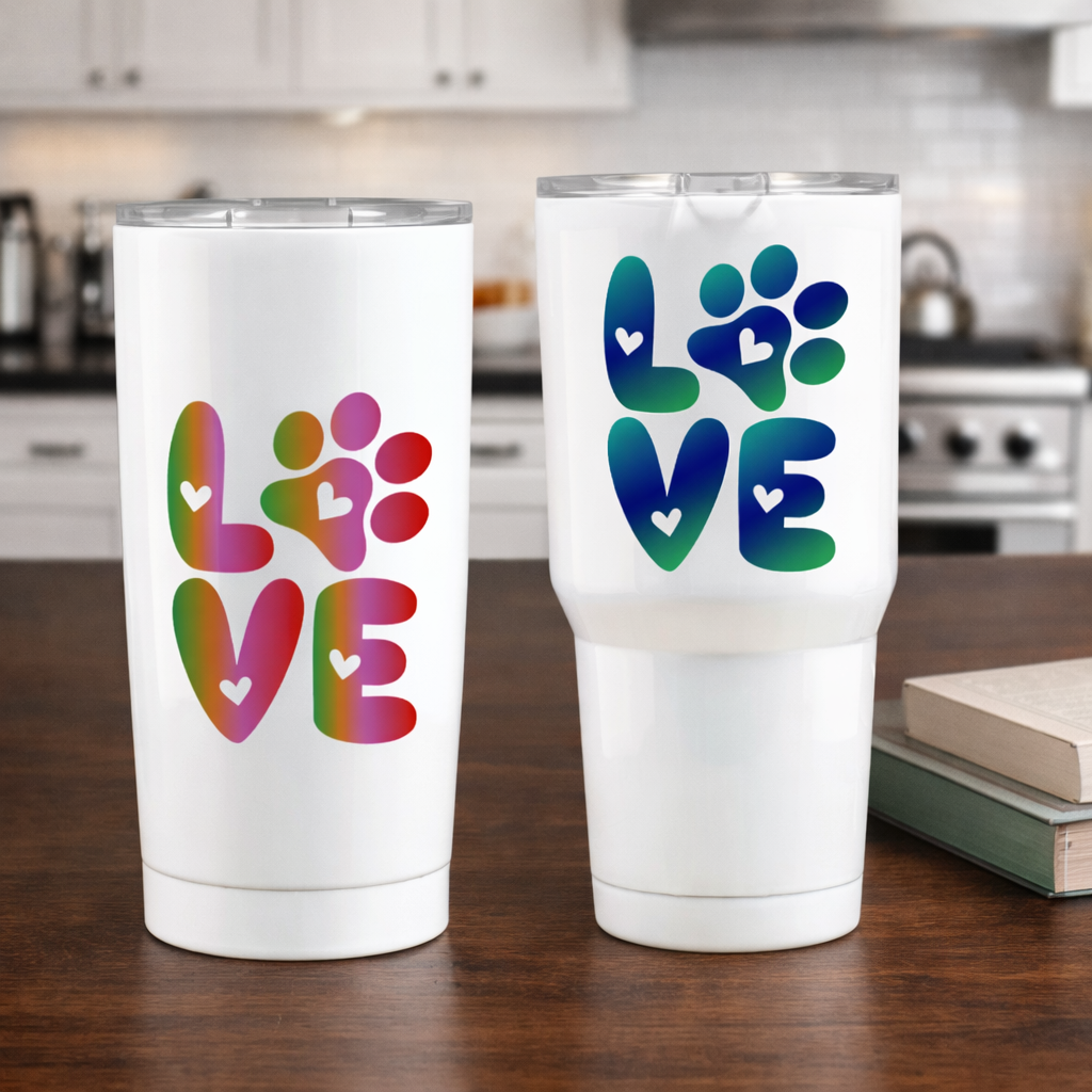 Love dog paw print SVG design on tumblers with colorful gradient letters and paw print, perfect for Cricut vinyl and sublimation projects