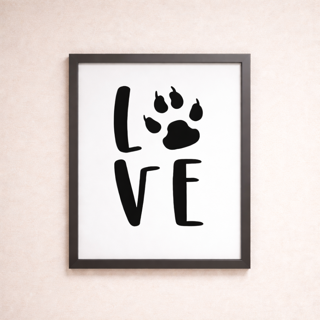 Love dog paw print SVG design framed as wall art with black lettering and paw graphic, perfect for minimalist pet lover home decor