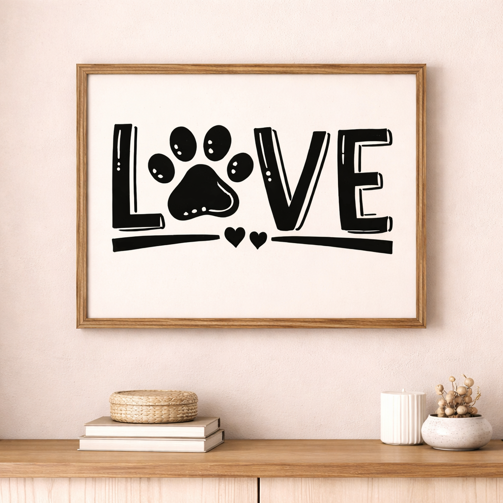 Love dog paw print SVG design in wooden frame on wall, featuring paw replacing letter O with small hearts, ideal for home decor and Cricut projects
