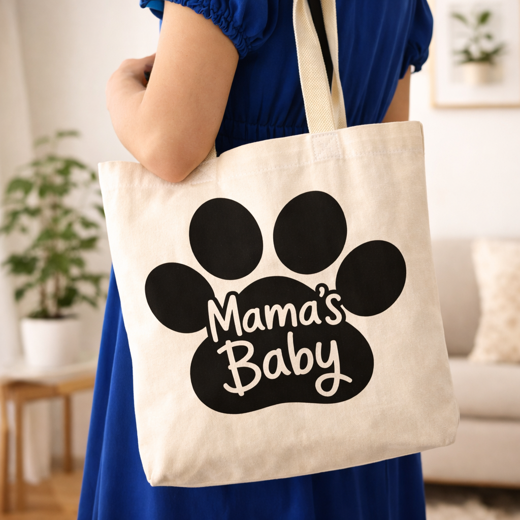 Mama’s Baby dog paw print SVG design on canvas tote bag with bold black paw and script lettering, perfect for Cricut DIY dog mom accessories