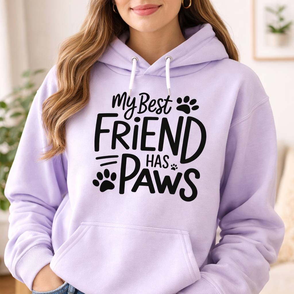 My Best Friend Has Paws dog paw print SVG design on lavender hoodie, featuring playful lettering and paw accents for Cricut pet lover projects