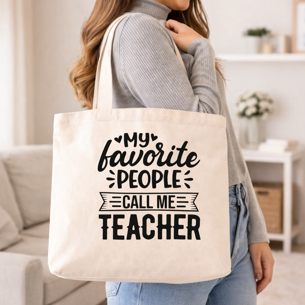 Beige tote bag with “My favorite people call me teacher” SVG design in black, carried on shoulder by woman in casual outfit, cozy home background – Funny Teacher SVG Quotes