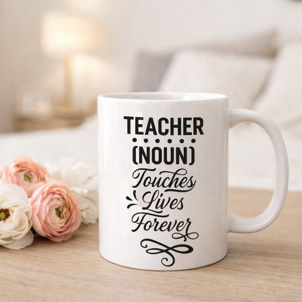 White mug with “Teacher (noun) touches lives forever” SVG design in black, placed on wooden table with soft background and flowers – Funny Teacher SVG Quotes