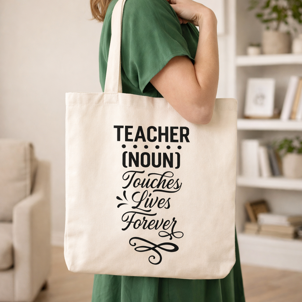 Beige tote bag with “Teacher (noun) touches lives forever” SVG design in black, carried on shoulder in cozy home setting – Funny Teacher SVG Quotes