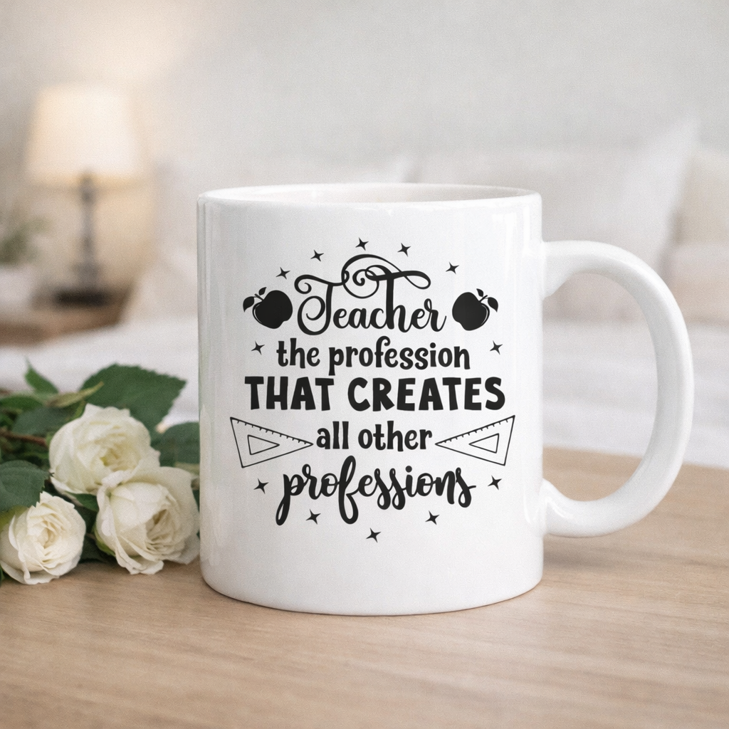 White mug with “Teacher the profession that creates all other professions” SVG design in black, placed on wooden table with soft home background – Funny Teacher SVG Quotes