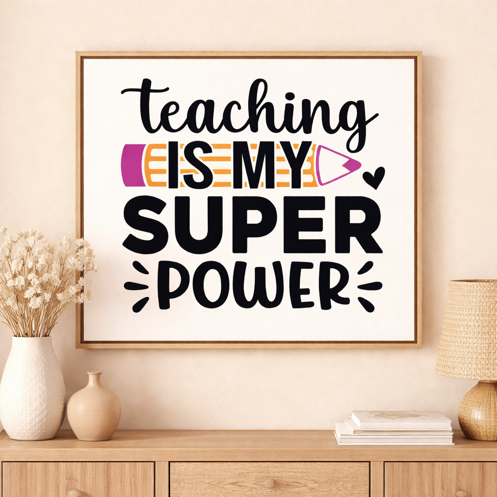 Framed wall art with “Teaching is my super power” SVG design with pencil graphic, displayed on beige wall above wooden console table – Funny Teacher SVG Quotes