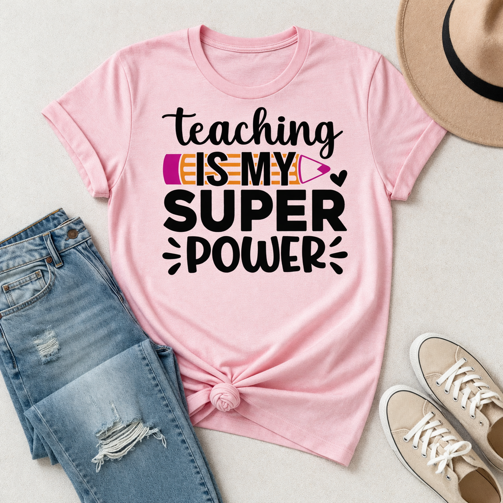 Pink T-shirt with “Teaching is my super power” SVG design with pencil graphic, flat lay with jeans, shoes, and hat on neutral background – Funny Teacher SVG Quotes
