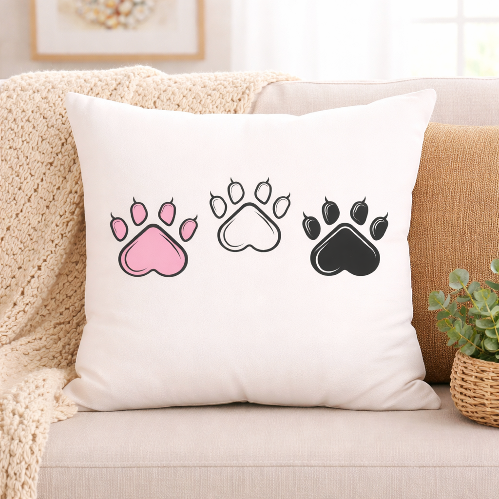 Triple dog paw print SVG design on white pillow with pink, outline, and black paw prints, perfect for Cricut home decor and pet lover DIY projects