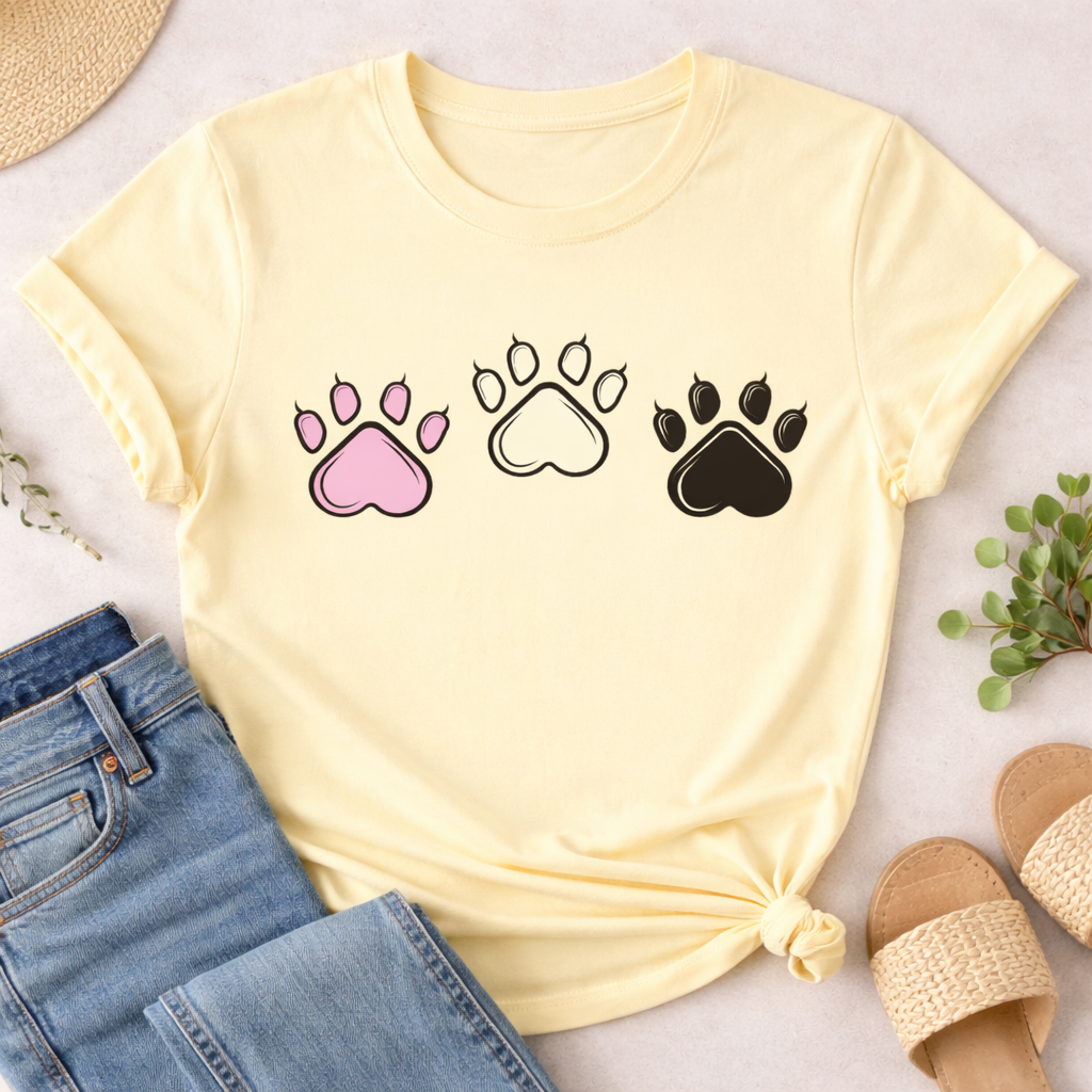 Triple dog paw print SVG design on yellow t-shirt featuring pink, outline, and black paw styles, styled with jeans and summer accessories for DIY Cricut projects
