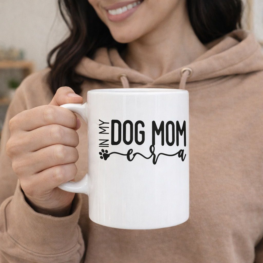 In My Dog Mom Era dog mom SVG quote design on white mug mockup for Cricut and Silhouette crafts