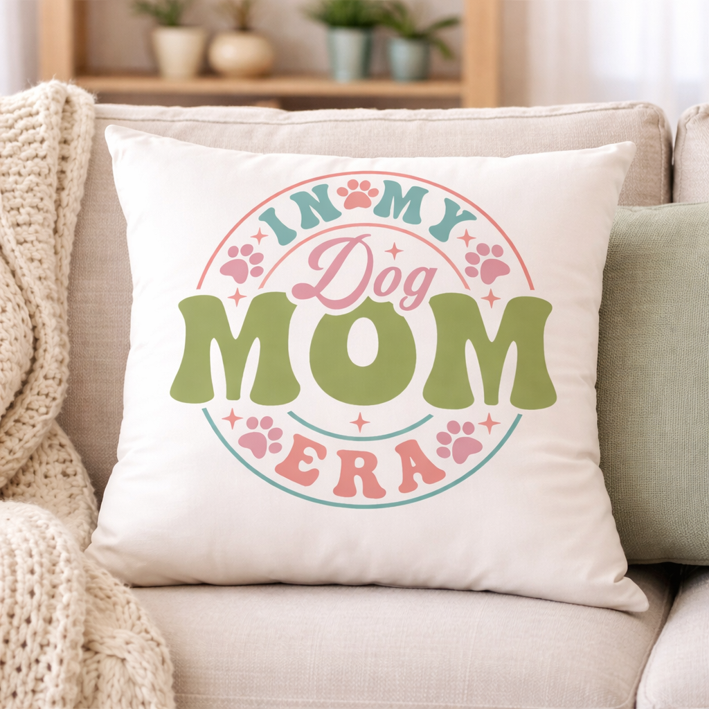 In My Dog Mom Era dog mom SVG quote design on decorative pillow mockup for Cricut and Silhouette crafts
