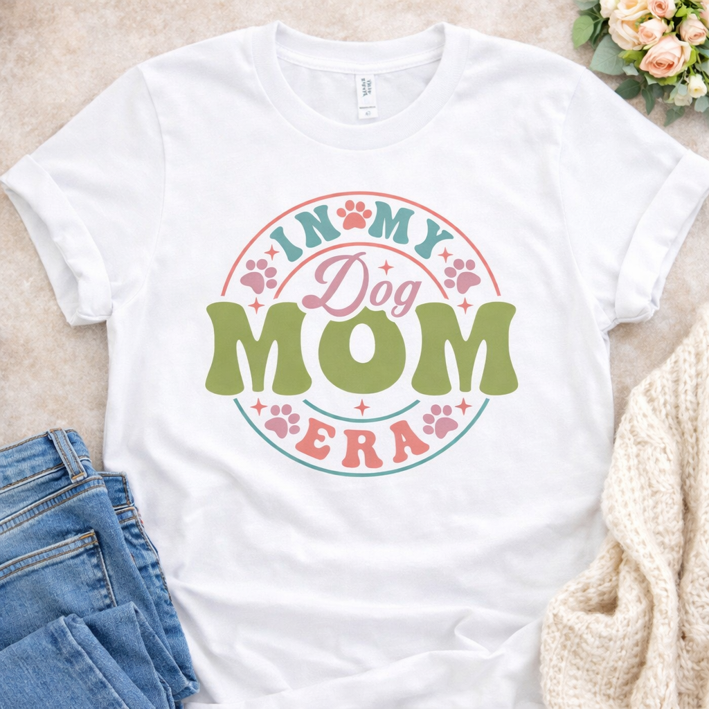 In My Dog Mom Era SVG design on white t-shirt mockup for Cricut and Silhouette DIY projects