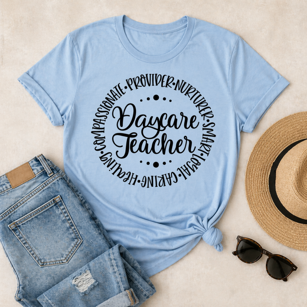 Light blue t shirt with Daycare Teacher SVG in circular layout with words around design styled with jeans hat and sunglasses