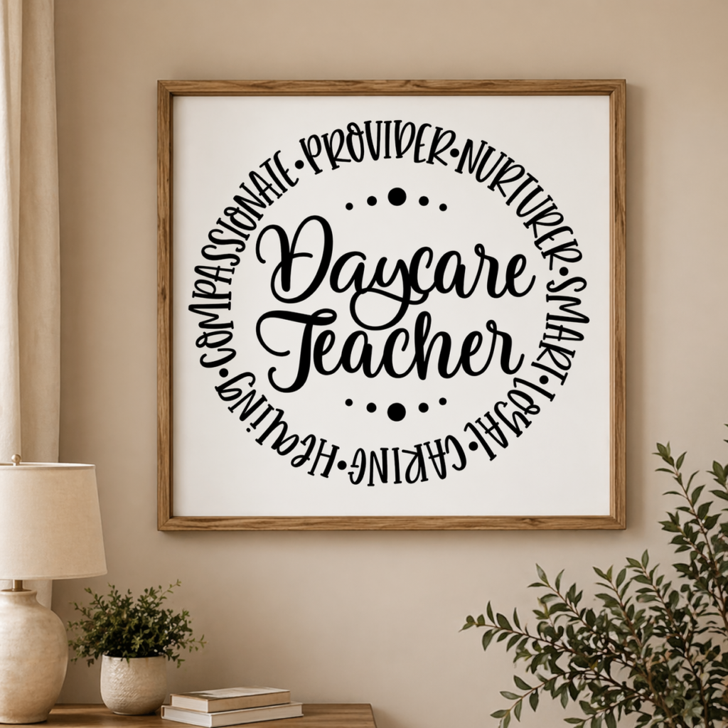 Framed wall art featuring Daycare Teacher SVG in circular typography design displayed on shelf with plants and neutral decor