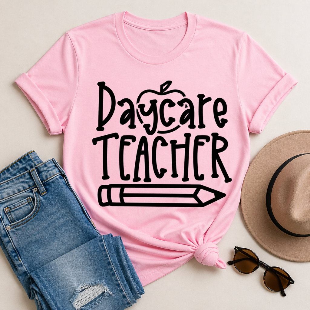 Pink t shirt with Daycare Teacher SVG and pencil design styled with jeans hat and sunglasses in flat lay setup