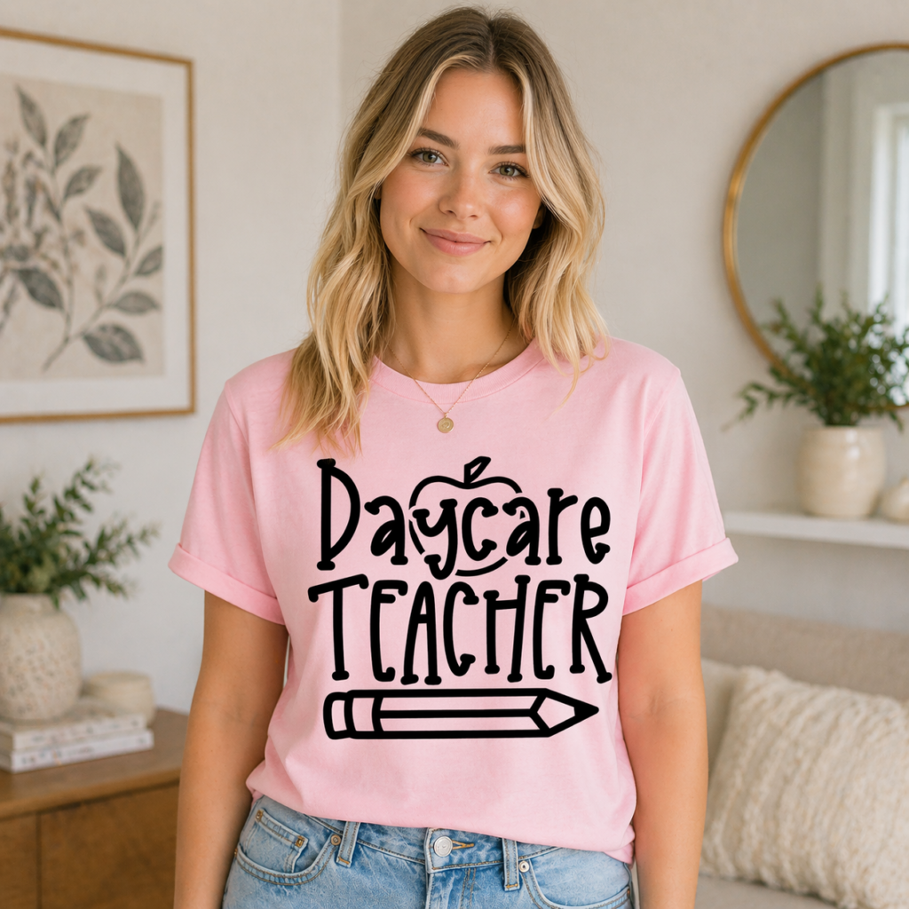 Woman wearing pink t shirt with Daycare Teacher SVG and pencil graphic in soft neutral home interior setting
