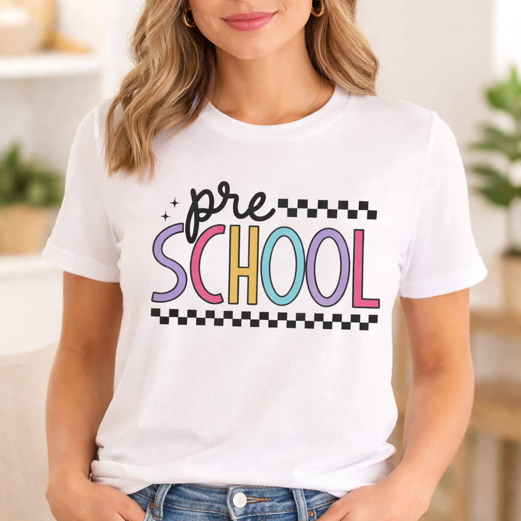 White t shirt worn by woman with Preschool SVG design in bright retro colors suitable for classroom and casual outfit