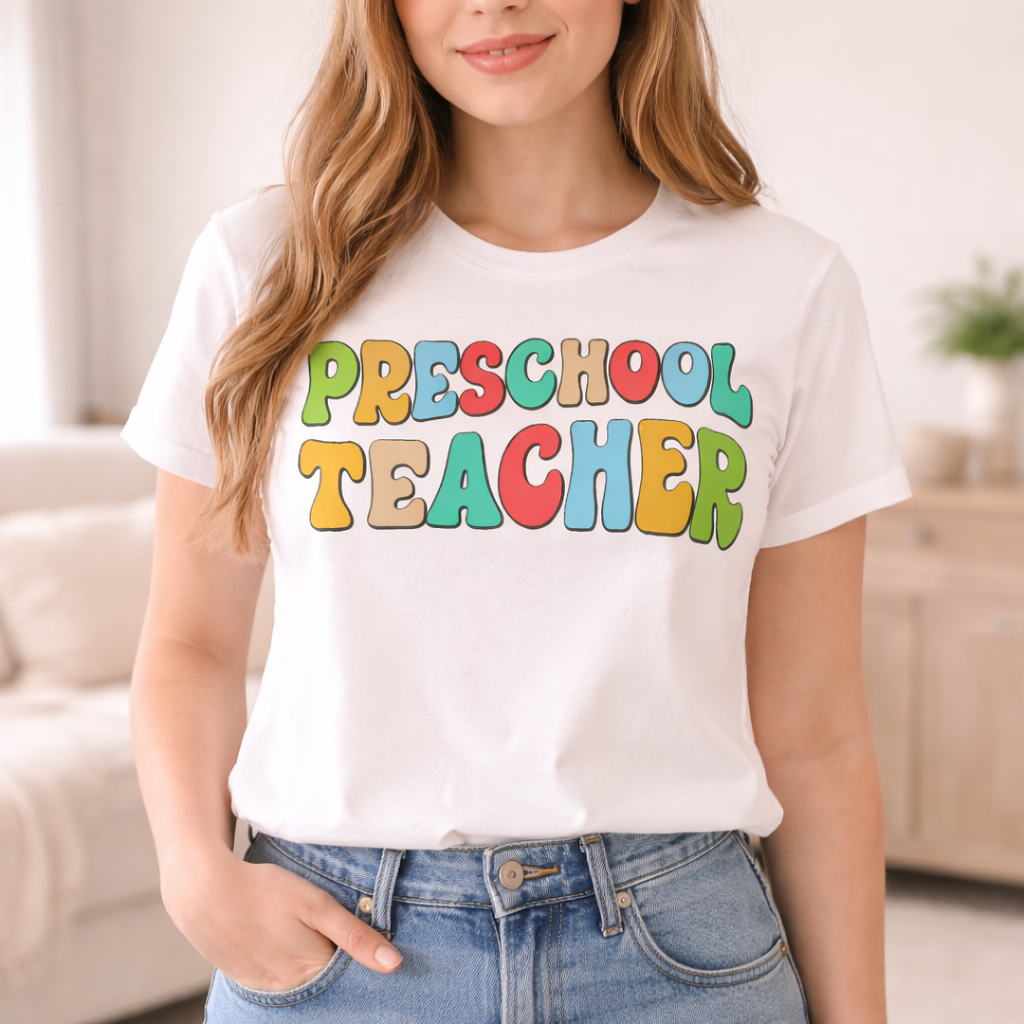 Woman wearing white t shirt with Preschool Teacher SVG in colorful retro style paired with denim jeans in a casual setting
