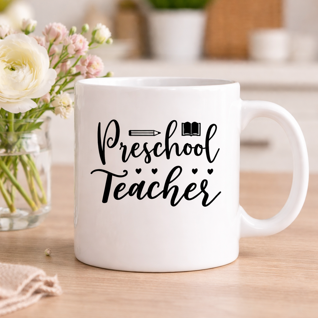 White coffee mug with Preschool Teacher SVG design including pencil and book illustration, placed on wooden table with flowers in soft background