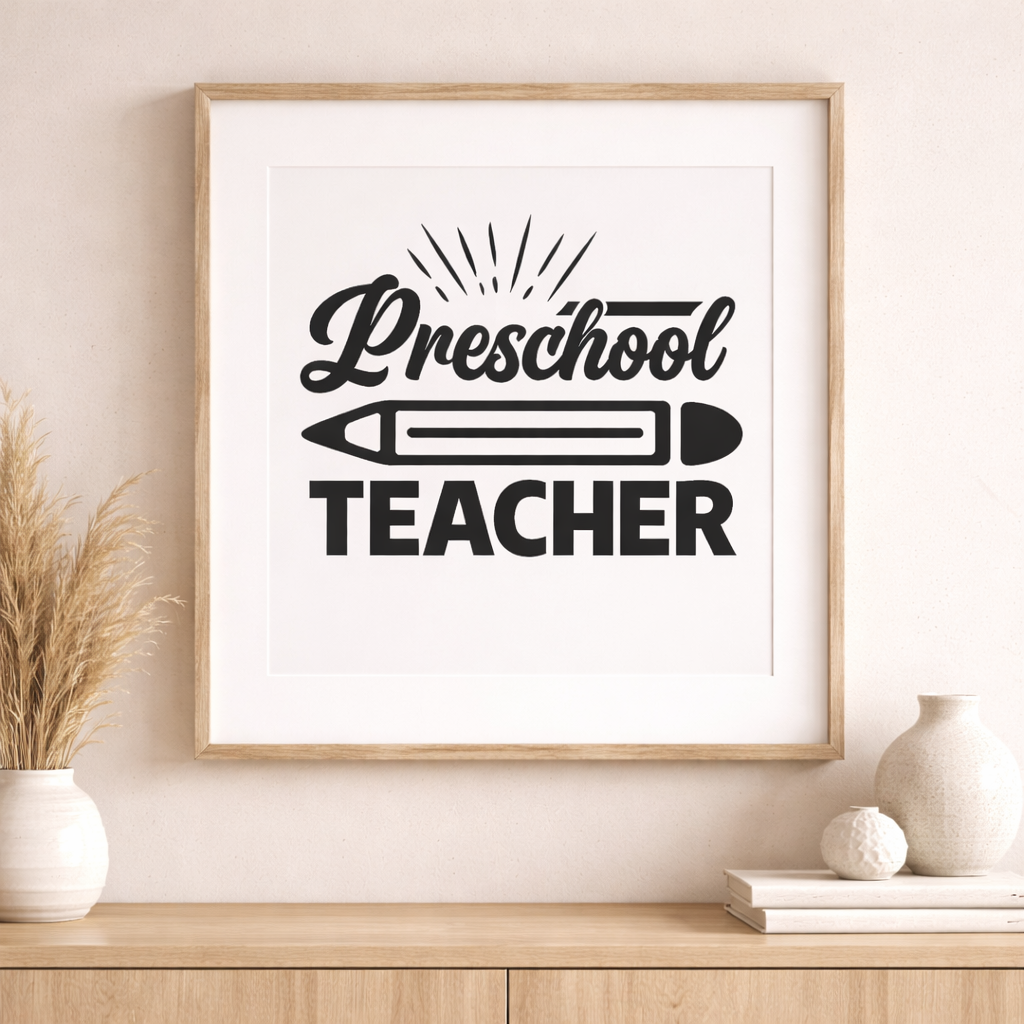 Framed Preschool Teacher SVG print with pencil design displayed on wooden shelf with neutral home decor and plants